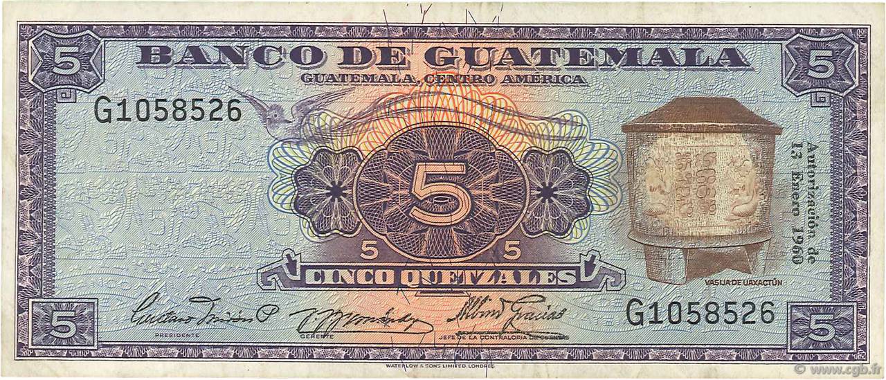 5 Quetzales GUATEMALA  1960 P.045b MBC
