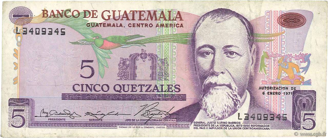 5 Quetzales GUATEMALA  1971 P.060a VF-