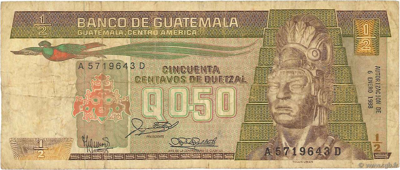 1/2 Quetzal GUATEMALA  1988 P.065 S