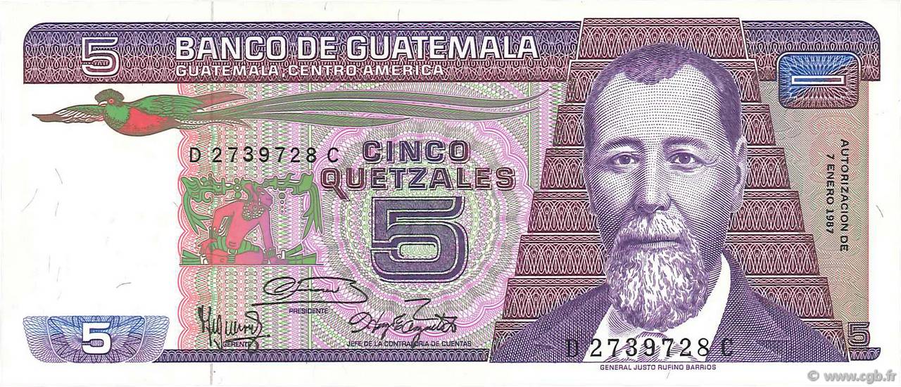 5 Quetzales GUATEMALA  1987 P.067 NEUF