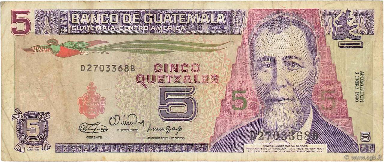 5 Quetzales GUATEMALA  1990 P.074a RC