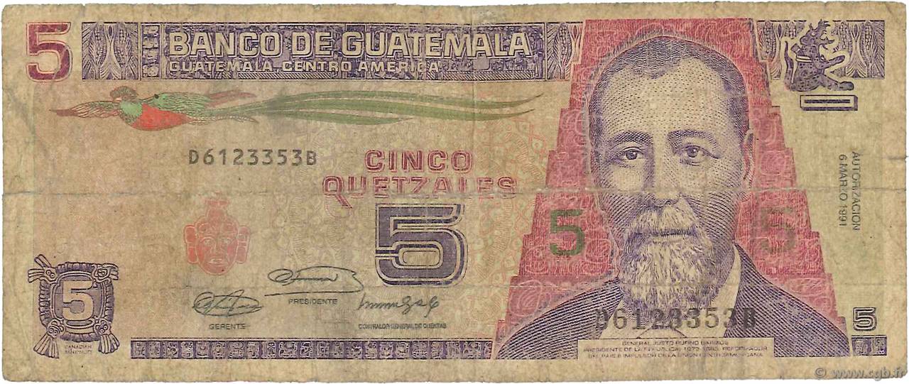 5 Quetzales GUATEMALA  1991 P.074b RC