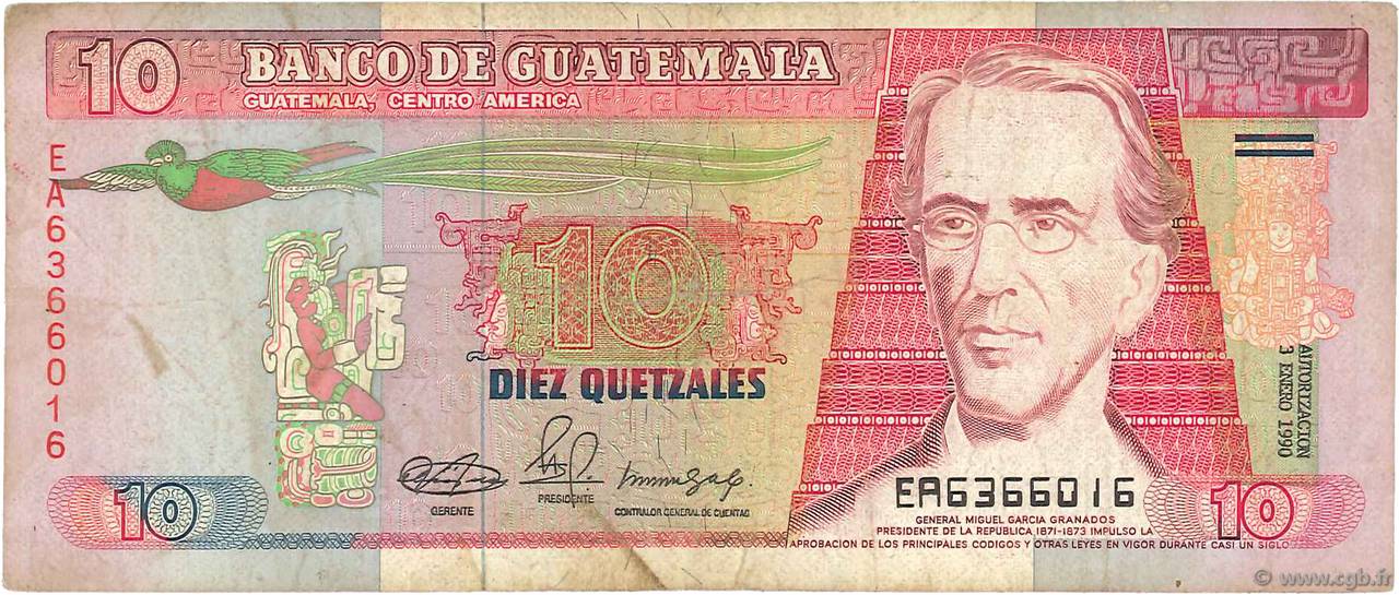 10 Quetzales GUATEMALA  1990 P.075b F