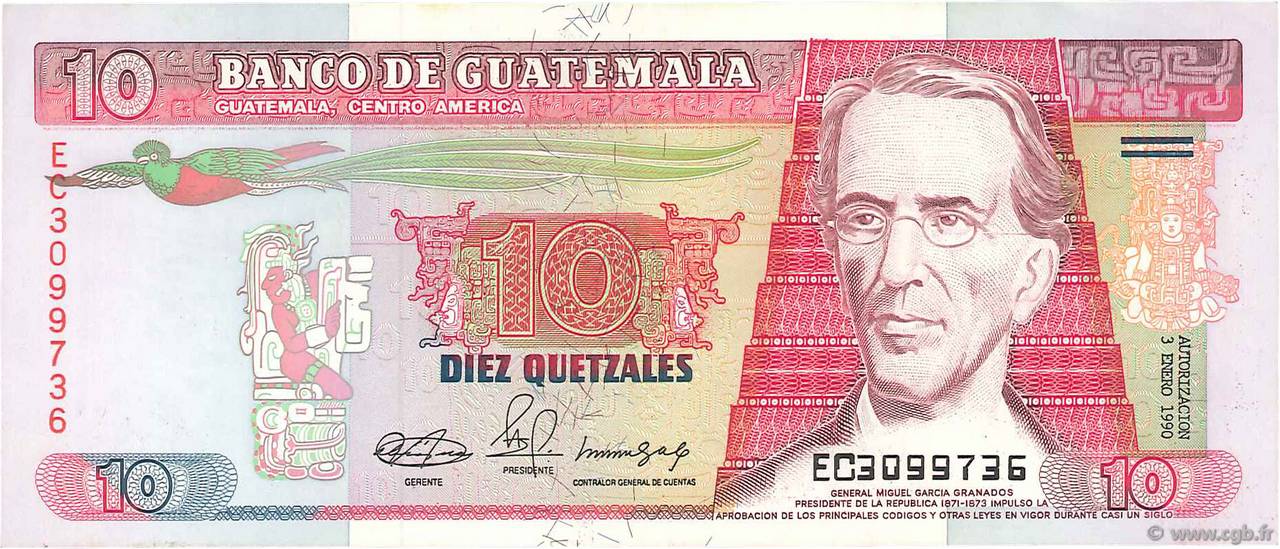 10 Quetzales GUATEMALA  1990 P.075b MBC