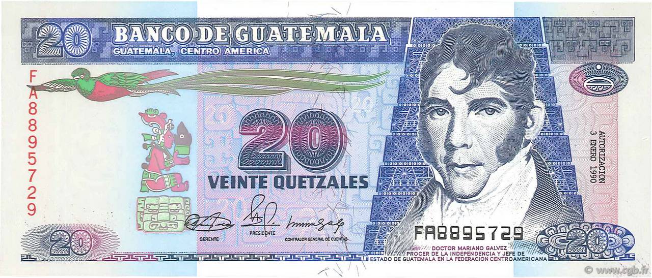 20 Quetzales GUATEMALA  1990 P.076b UNC