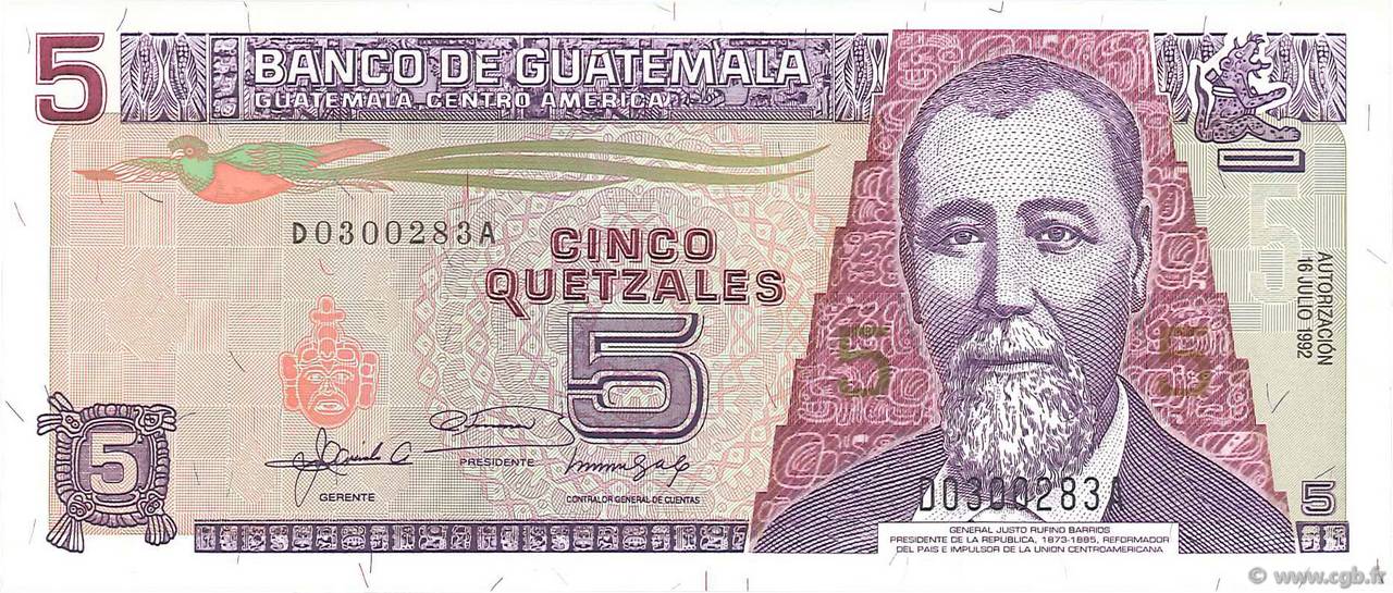 5 Quetzales GUATEMALA  1992 P.081 NEUF