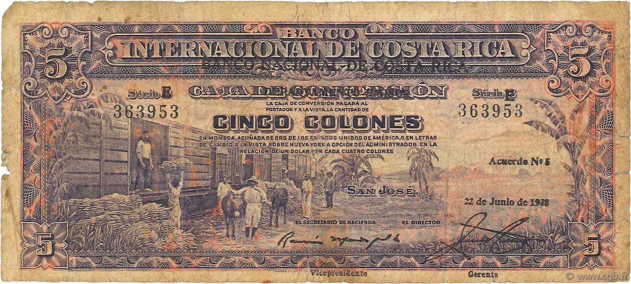 5 Colones COSTA RICA  1938 P.198b RC