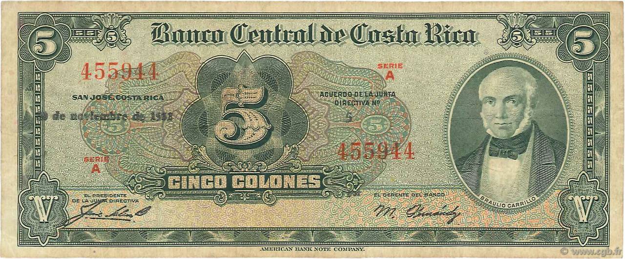 5 Colones COSTA RICA  1952 P.220a q.BB