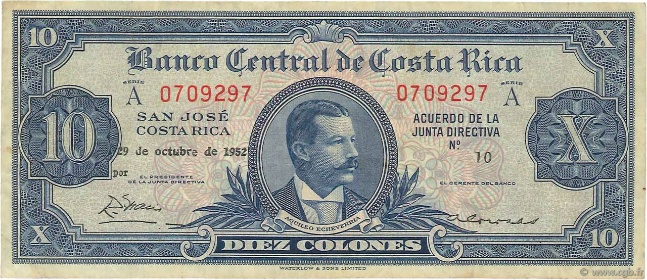 10 Colones COSTA RICA  1952 P.221a fSS