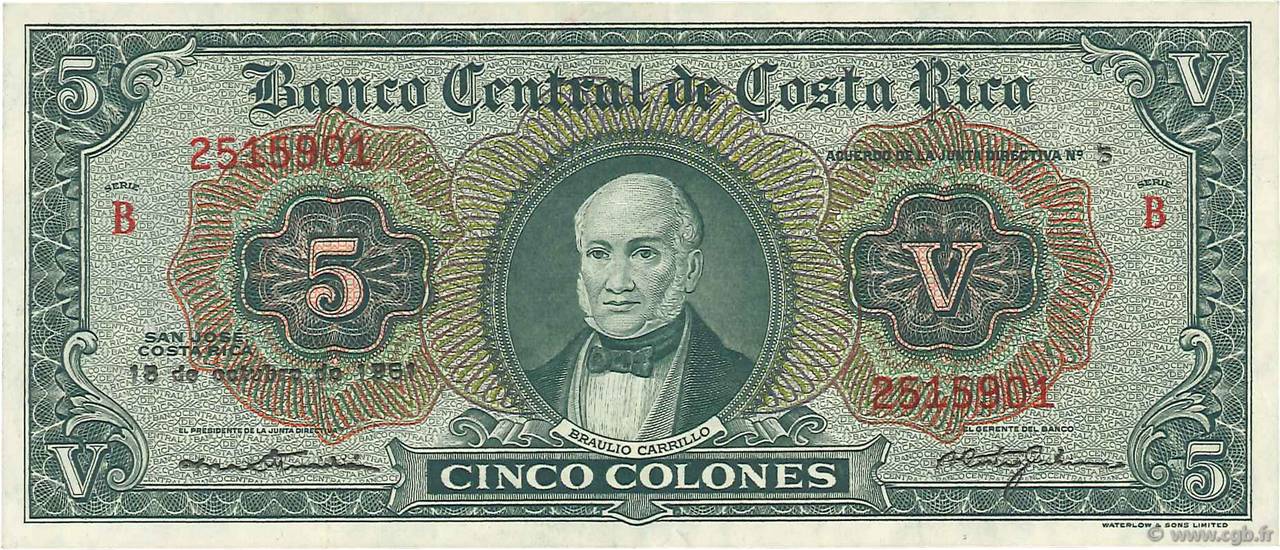 5 Colones COSTA RICA  1961 P.227 MBC