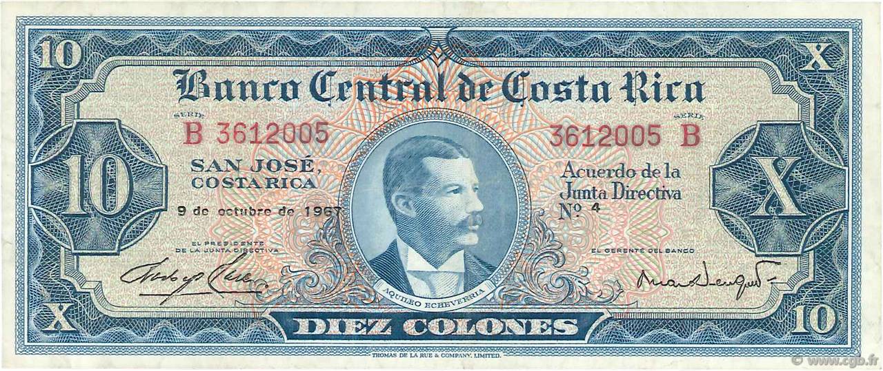 10 Colones COSTA RICA  1967 P.229 VF