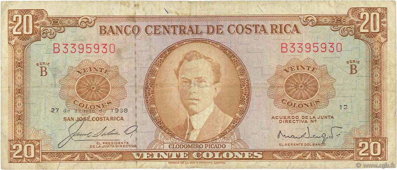 20 Colones COSTA RICA  1968 P.231a MB