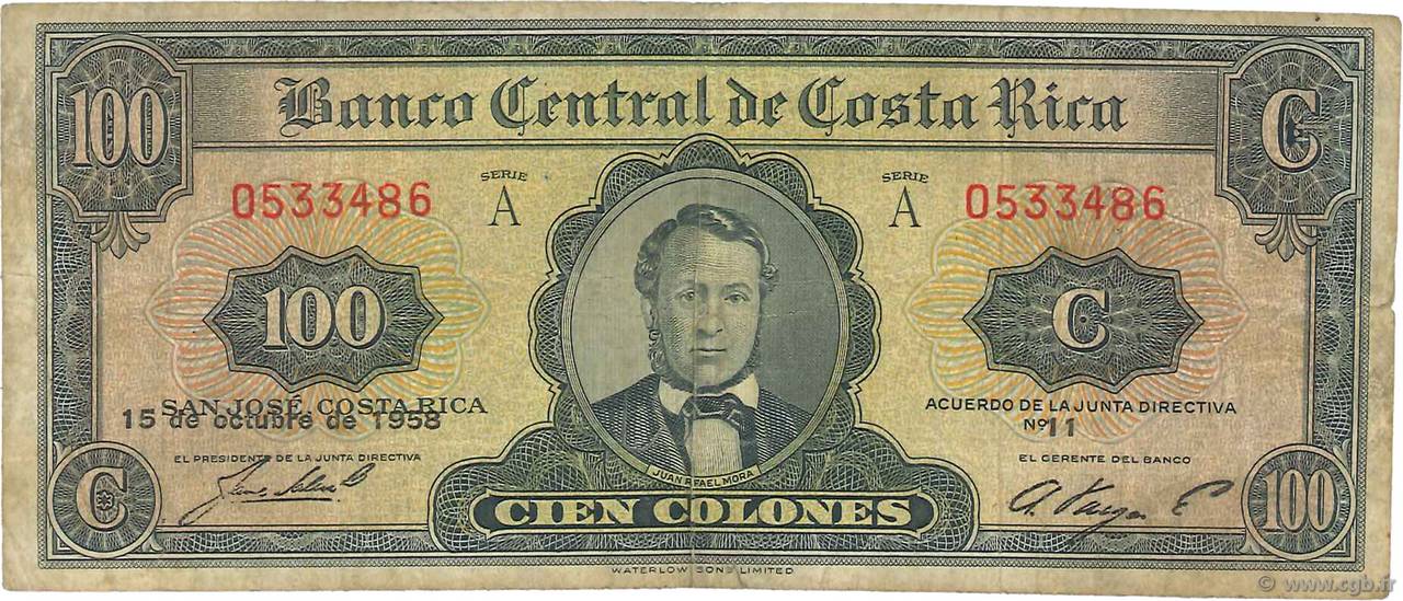 100 Colones COSTA RICA  1958 P.224a q.MB