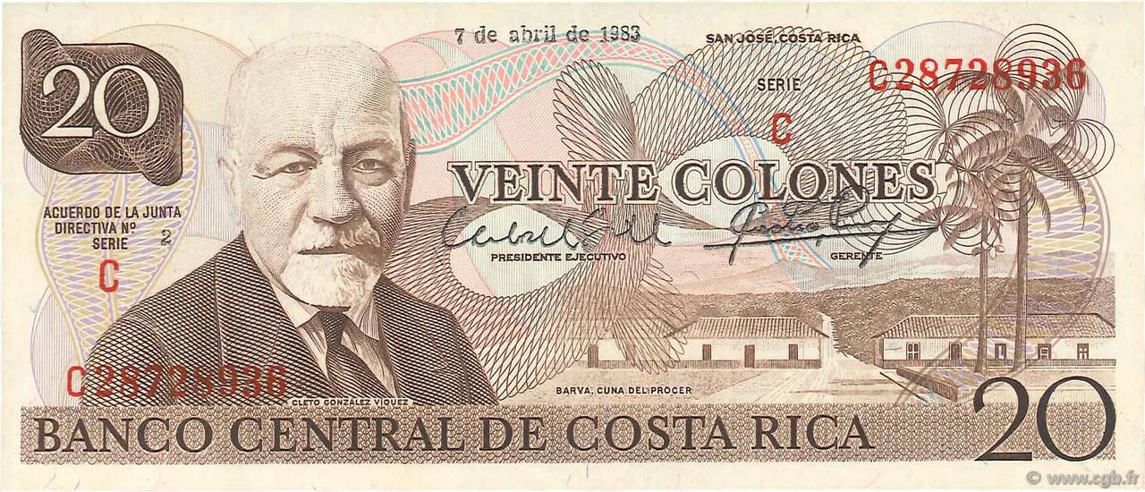 20 Colones COSTA RICA  1983 P.238c AU