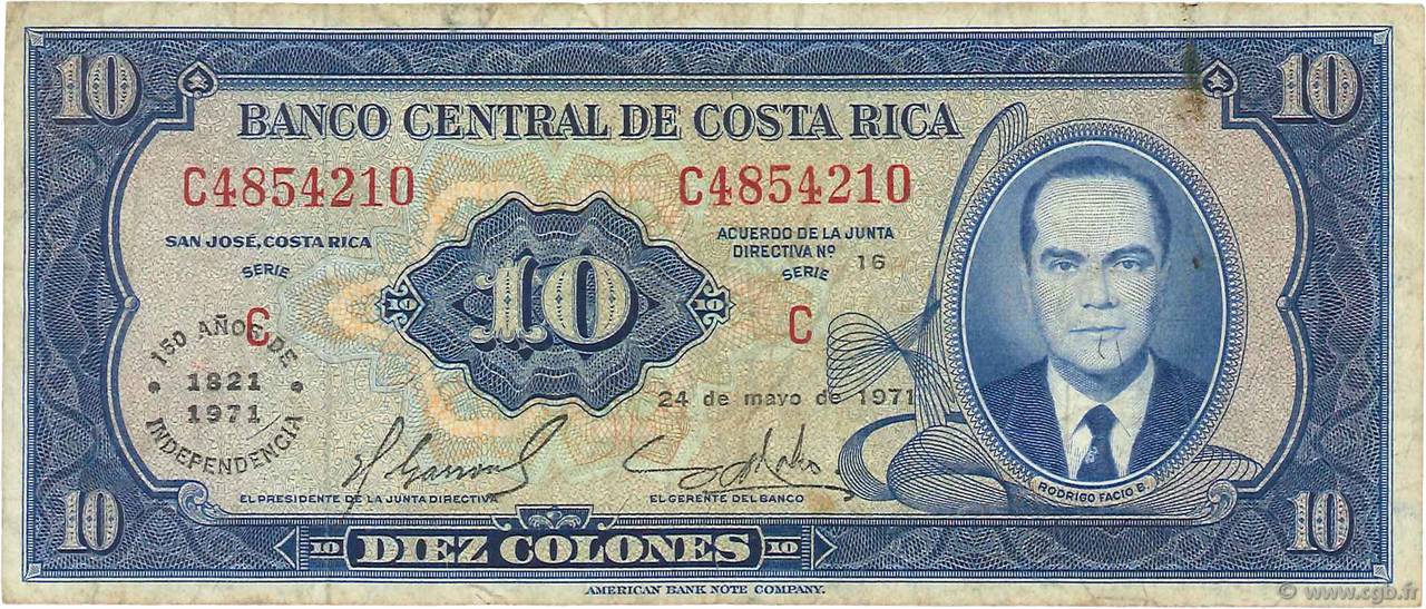 10 Colones COSTA RICA  1971 P.242 fSS