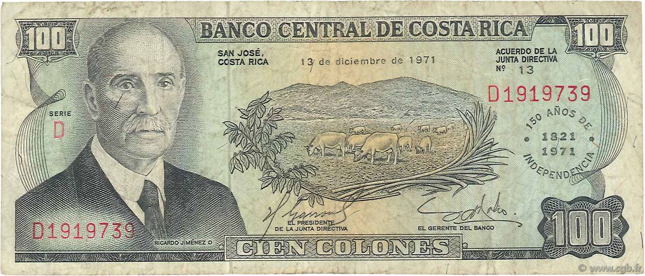 100 Colones COSTA RICA  1971 P.244 TB