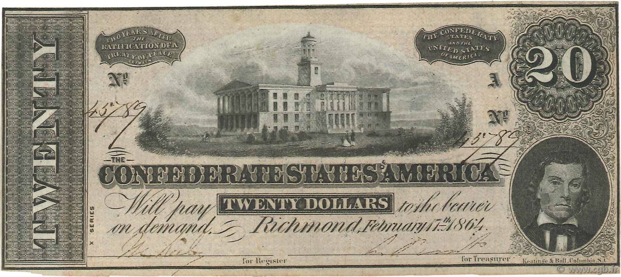 20 Dollars STATI CONFEDERATI D AMERICA  1864 P.69 q.SPL