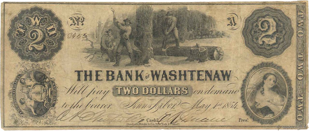 2 Dollars UNITED STATES OF AMERICA Washtenaw 1854 Haxby.G.42a VF