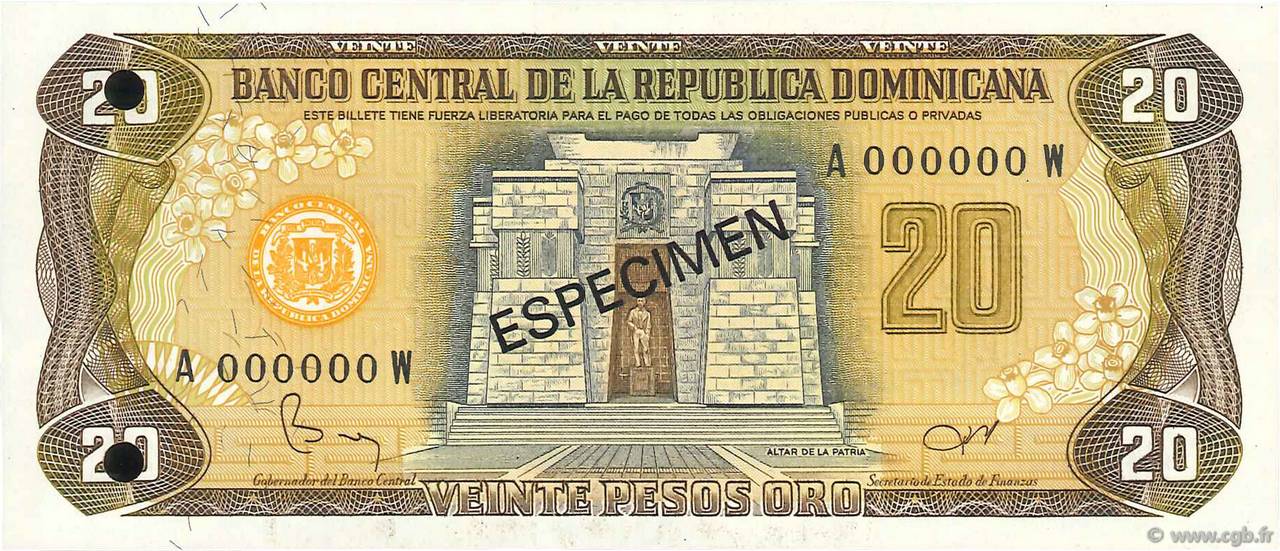20 Pesos Oro Spécimen RÉPUBLIQUE DOMINICAINE  1982 P.120s1 ST
