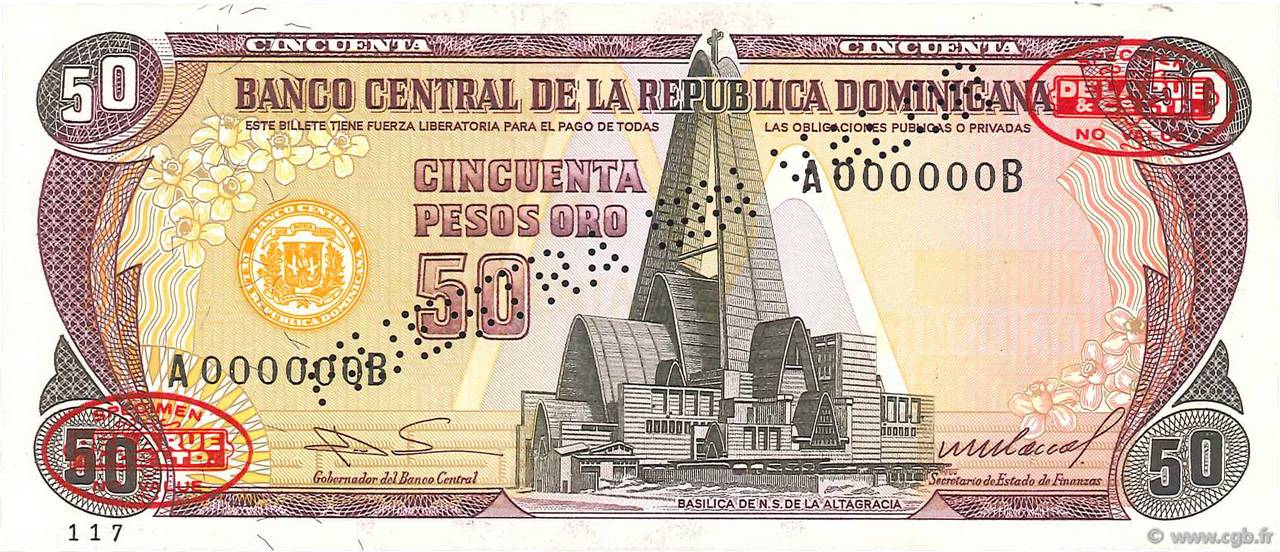 50 Pesos Oro Spécimen RÉPUBLIQUE DOMINICAINE  1985 P.121s2 FDC
