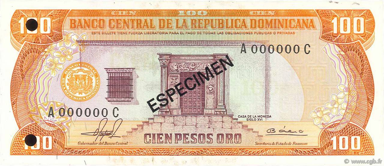 100 Pesos Oro Spécimen DOMINICAN REPUBLIC  1980 P.122s1 UNC
