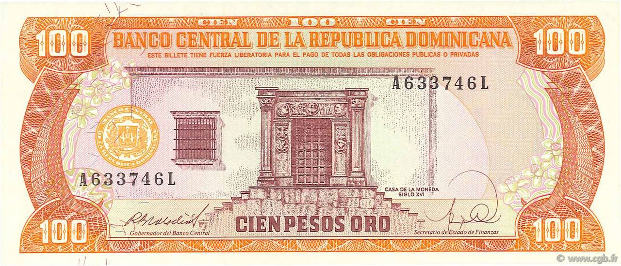 100 Pesos Oro DOMINICAN REPUBLIC  1988 P.128a UNC
