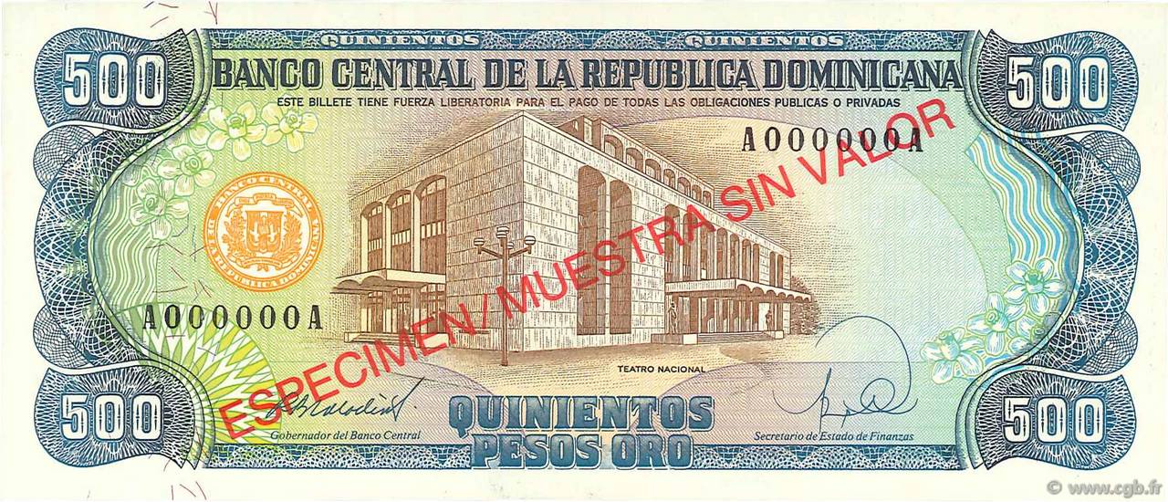 500 Pesos Oro Spécimen RÉPUBLIQUE DOMINICAINE  1988 P.129s ST