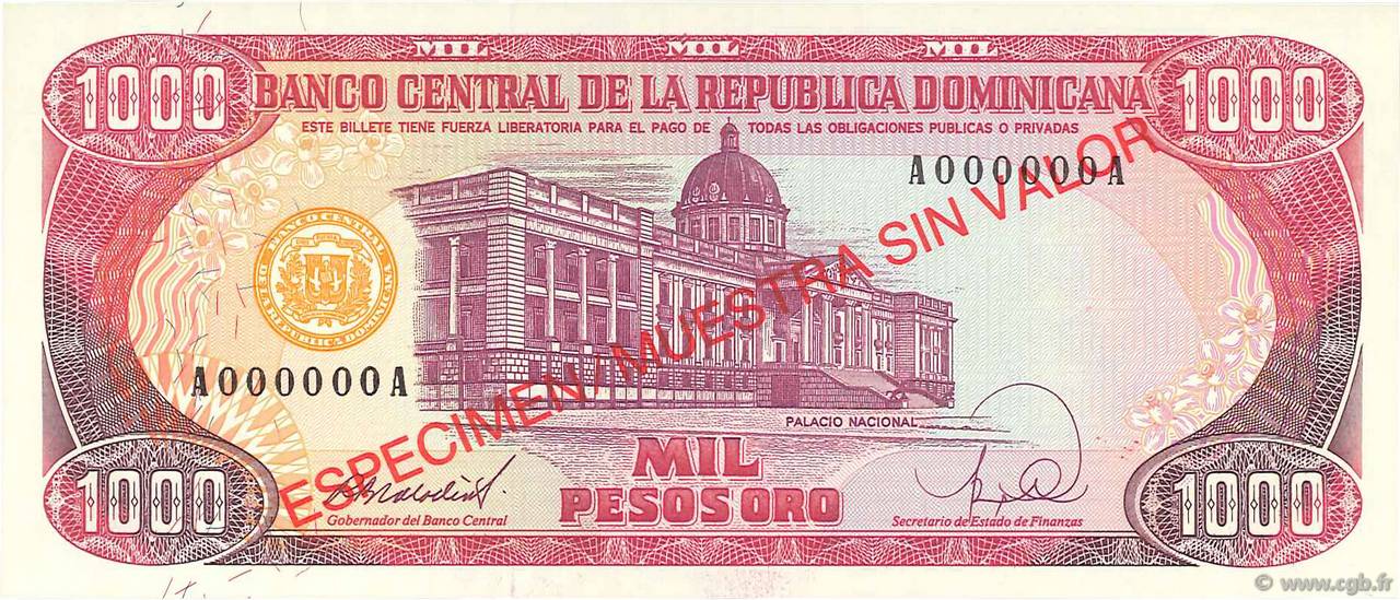 1000 Pesos Oro Spécimen RÉPUBLIQUE DOMINICAINE  1988 P.130s1 FDC