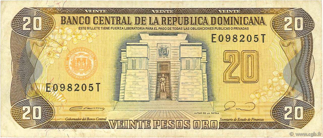 20 Pesos Oro DOMINICAN REPUBLIC  1990 P.133 VF