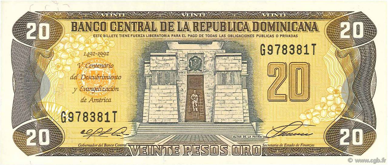 20 Pesos Oro Commémoratif RÉPUBLIQUE DOMINICAINE  1992 P.139a q.FDC