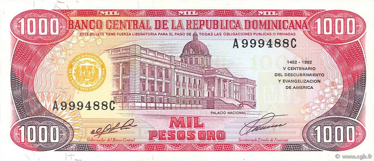 1000 Pesos Oro RÉPUBLIQUE DOMINICAINE  1992 P.142a fST+
