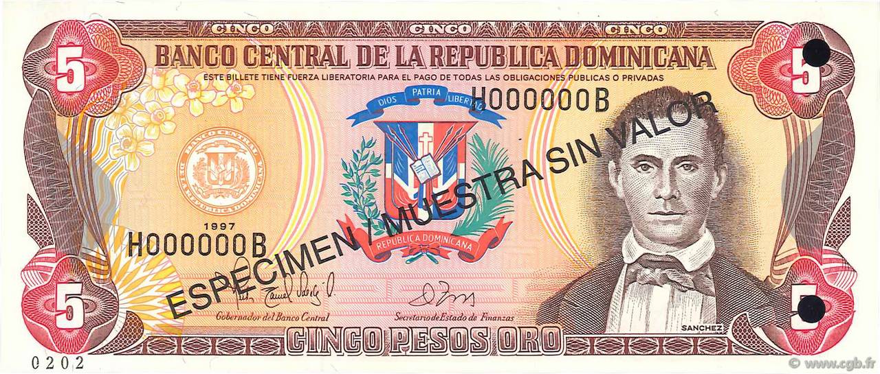 5 Pesos Oro Spécimen RÉPUBLIQUE DOMINICAINE  1997 P.152s2 NEUF