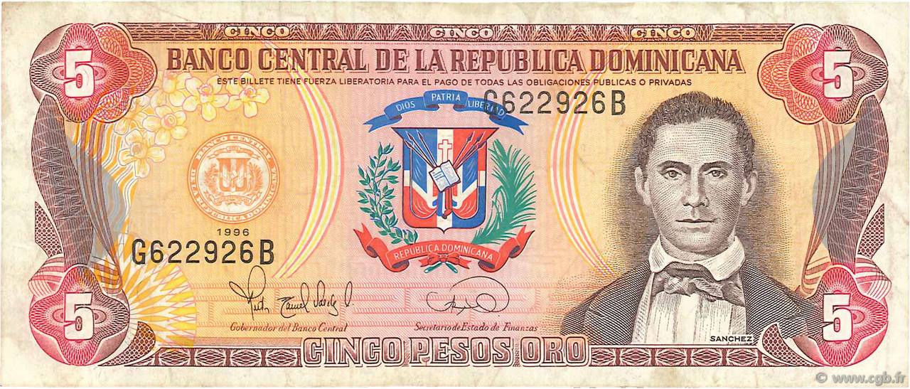 5 Pesos Oro RÉPUBLIQUE DOMINICAINE  1996 P.152a MBC