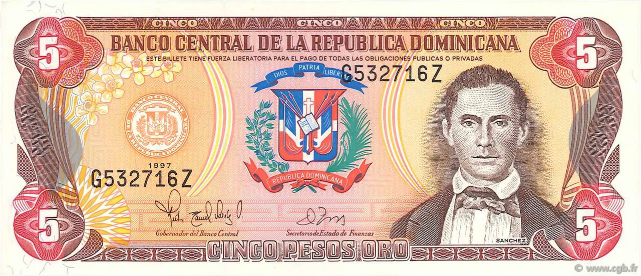 5 Pesos Oro DOMINICAN REPUBLIC  1997 P.152b UNC