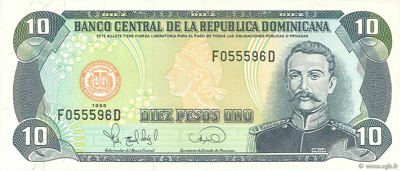 10 Pesos Oro DOMINICAN REPUBLIC  1996 P.153a XF