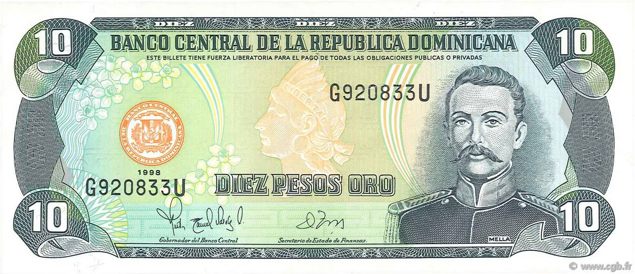 10 Pesos Oro DOMINICAN REPUBLIC  1998 P.153a AU