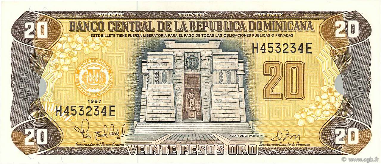 20 Pesos Oro DOMINICAN REPUBLIC  1997 P.154a AU