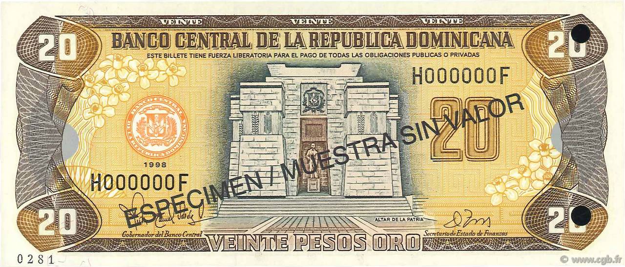 20 Pesos Oro Spécimen RÉPUBLIQUE DOMINICAINE  1998 P.154s2 UNC-