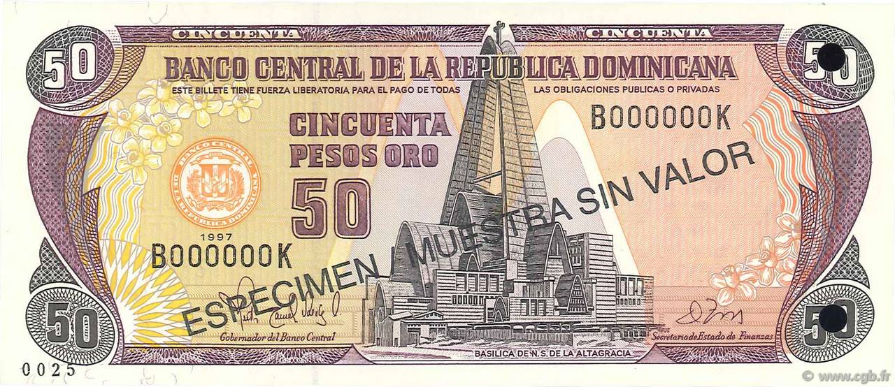 50 Pesos Oro Spécimen RÉPUBLIQUE DOMINICAINE  1997 P.155s1 NEUF