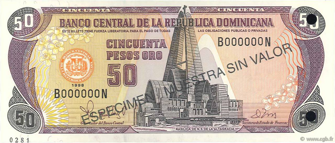 50 Pesos Oro Spécimen RÉPUBLIQUE DOMINICAINE  1998 P.155s2 NEUF