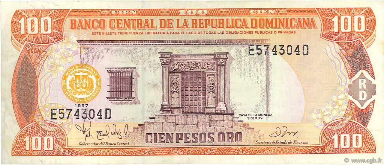 100 Pesos Oro DOMINICAN REPUBLIC  1997 P.156a VF
