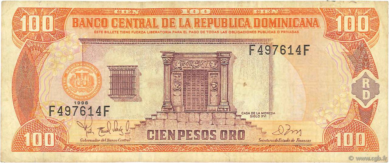 100 Pesos Oro RÉPUBLIQUE DOMINICAINE  1998 P.156b MB