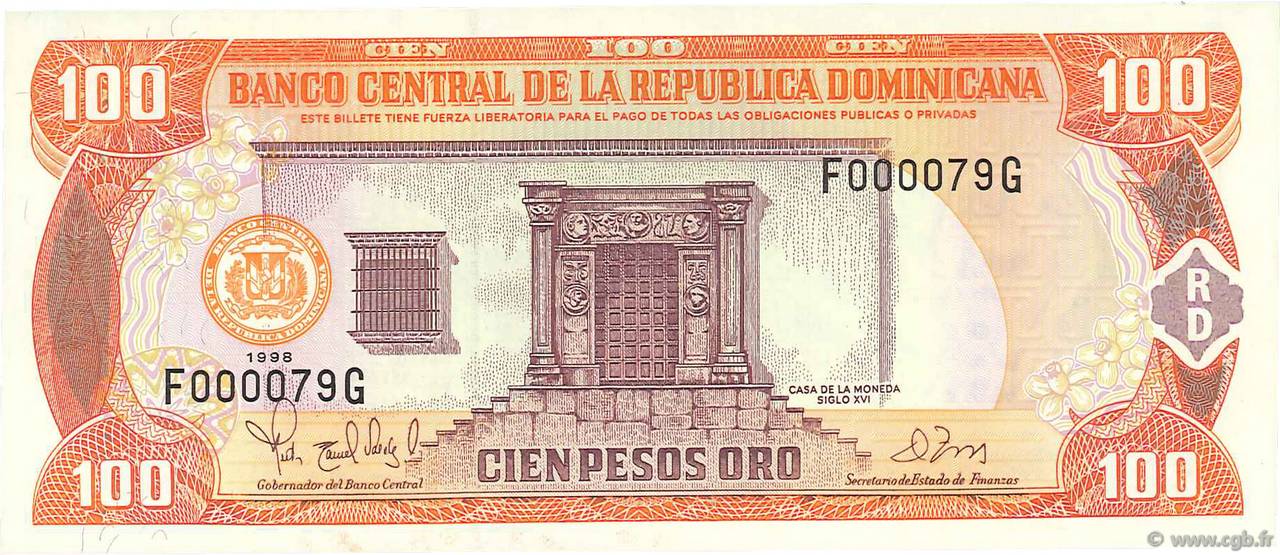100 Pesos Oro DOMINICAN REPUBLIC  1998 P.156b UNC