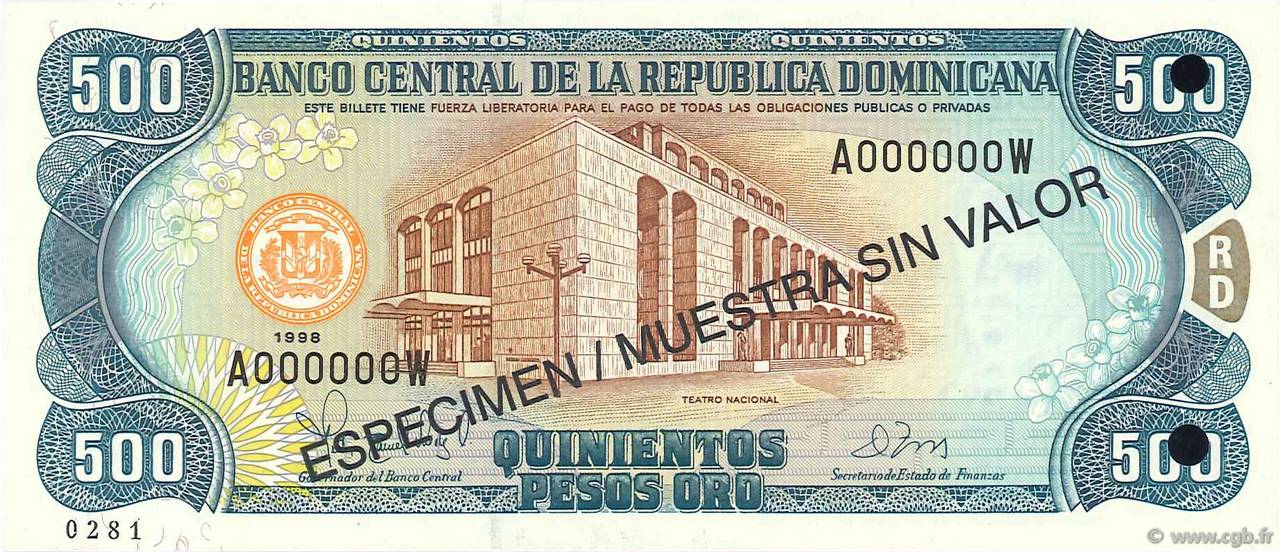 500 Pesos Oro Spécimen RÉPUBLIQUE DOMINICAINE  1998 P.157s3 NEUF