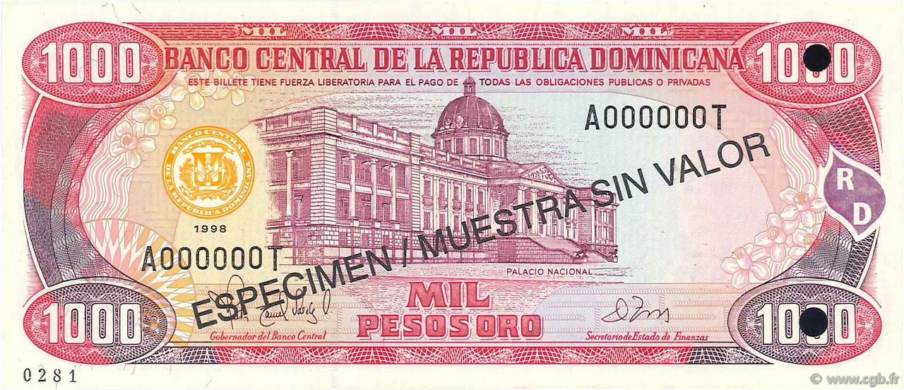 1000 Pesos Oro Spécimen DOMINICAN REPUBLIC  1998 P.158s3 UNC
