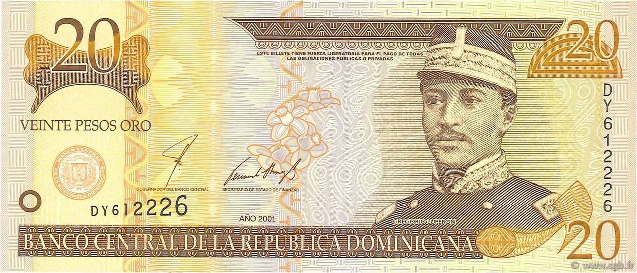 20 Pesos Oro DOMINICAN REPUBLIC  2001 P.169a UNC