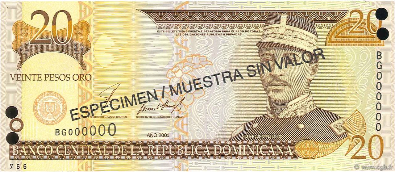 20 Pesos Oro Spécimen RÉPUBLIQUE DOMINICAINE  2001 P.169s1 NEUF