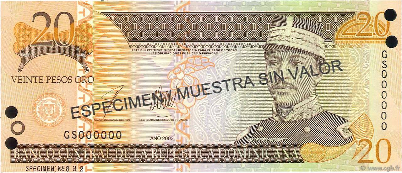 20 Pesos Oro Spécimen RÉPUBLIQUE DOMINICAINE  2003 P.169s3 NEUF
