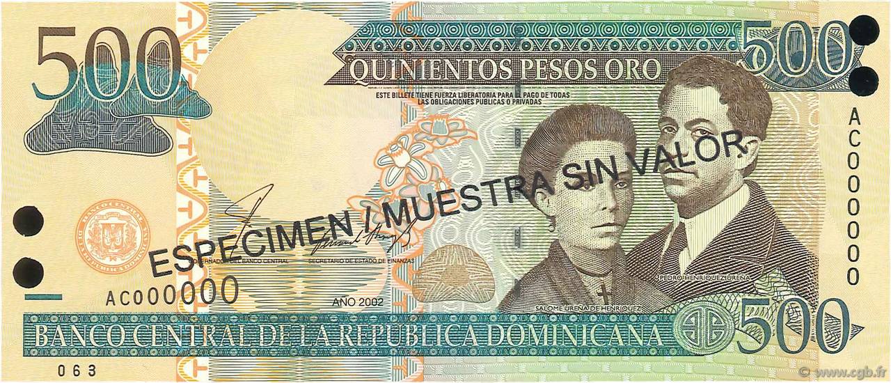 500 Pesos Oro Spécimen RÉPUBLIQUE DOMINICAINE  2002 P.172s1 pr.NEUF