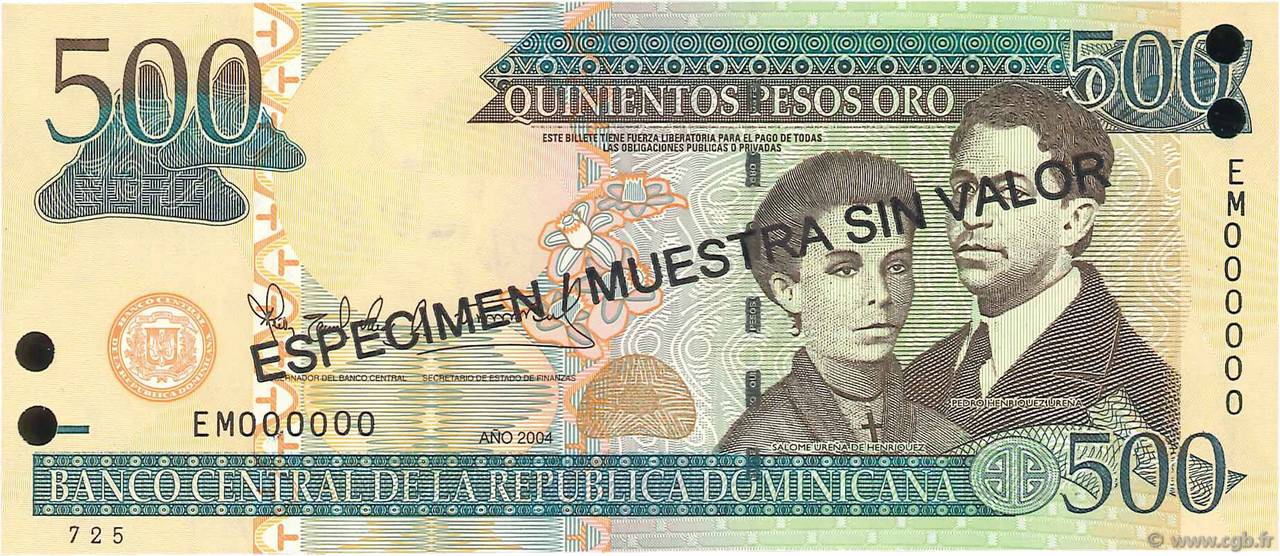 500 Pesos Oro Spécimen RÉPUBLIQUE DOMINICAINE  2004 P.172s3 FDC